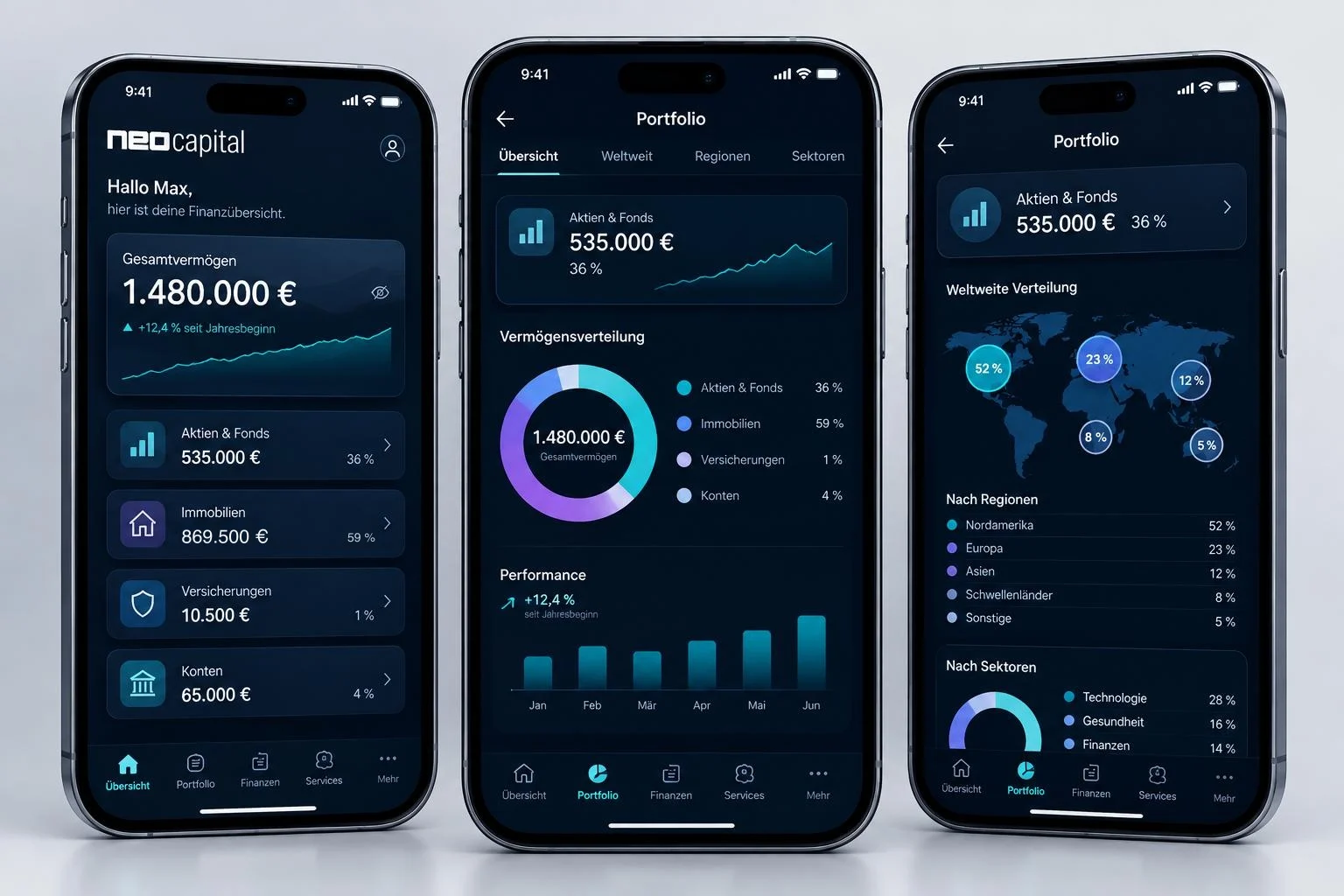 Neo Capital app – total assets, portfolio overview and global allocation in the portfolio section
